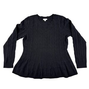Garnet Hill Sweater Womens L Black 100% Cashmere Cable Knit peplum Crewneck Warm